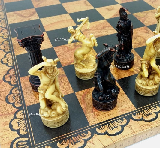Greek Roman Mythology Gods Chess Set W/ Large 18" Faux Leather World Map Board