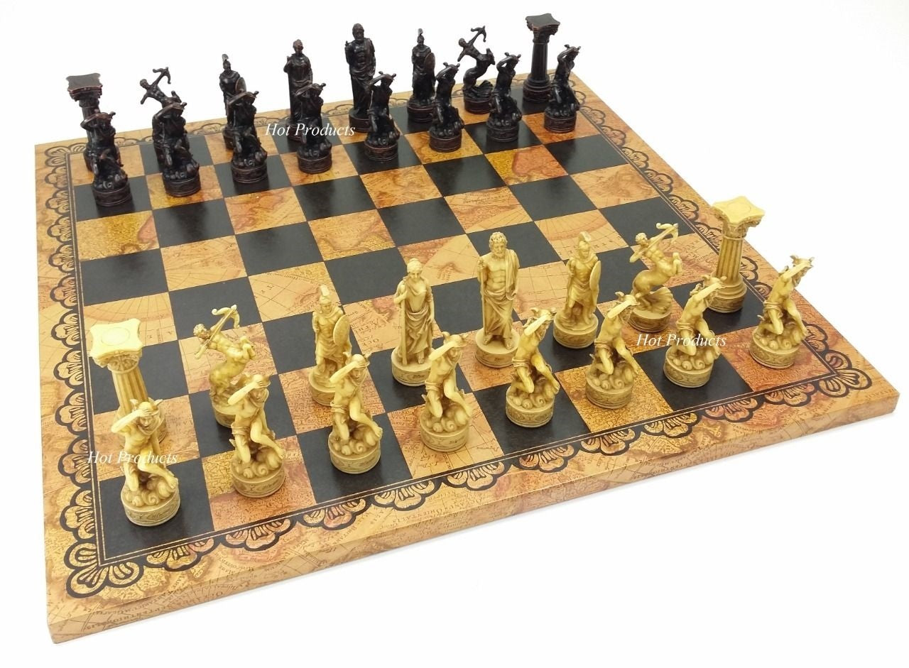 Greek Roman Mythology Gods Chess Set W/ Large 18" Faux Leather World Map Board