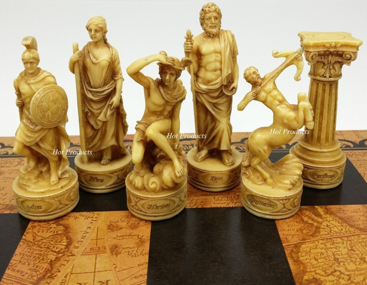 Greek Roman Mythology Gods Chess Set W/ Large 18" Faux Leather World Map Board