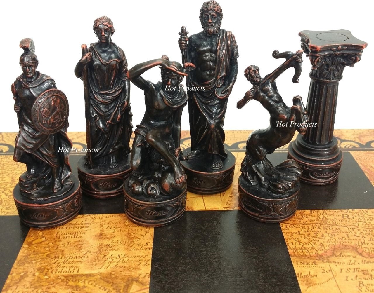 Greek Roman Mythology Gods Chess Set W/ Large 18" Faux Leather World Map Board