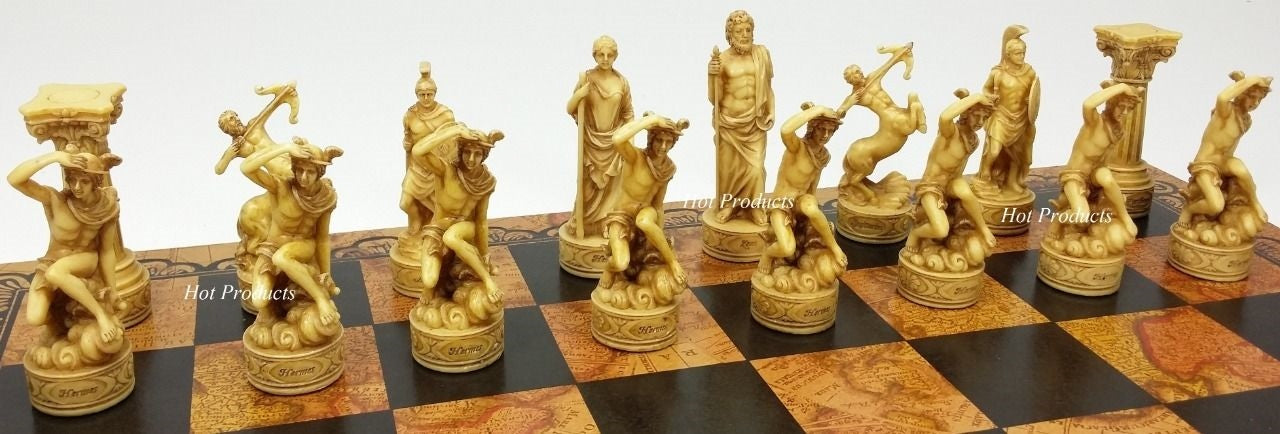 Greek Roman Mythology Gods Chess Set W/ Large 18" Faux Leather World Map Board