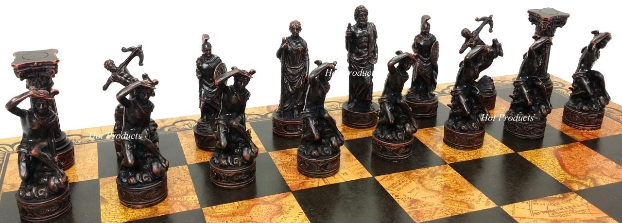 Greek Roman Mythology Gods Chess Set W/ Large 18" Faux Leather World Map Board