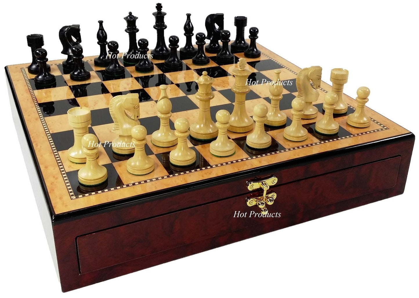 4 Queens Black 3 1/2" Staunton Wood Chess Set Gloss Dark Walnut Color Storage Bd