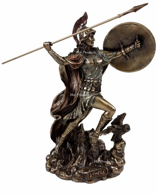 ATHENA Goddess of War Throwing Javelin Greek Mythology Owl Statue Bronze Finish