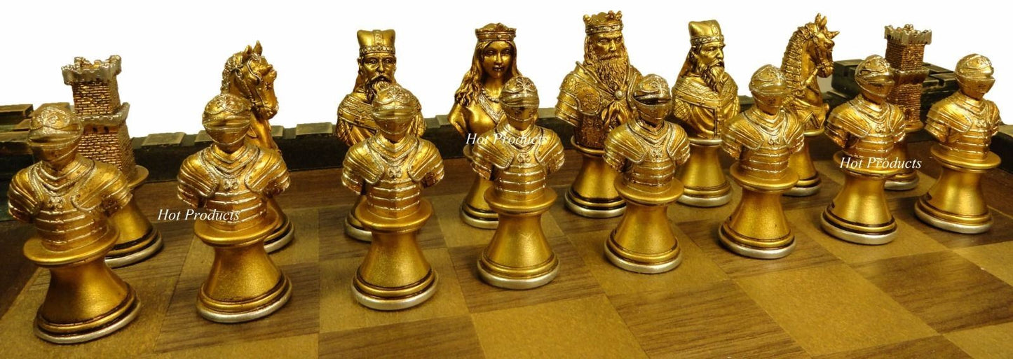 Medieval Times Crusades Busts Gold & Silver Knights Chess Set W/ Castle Board