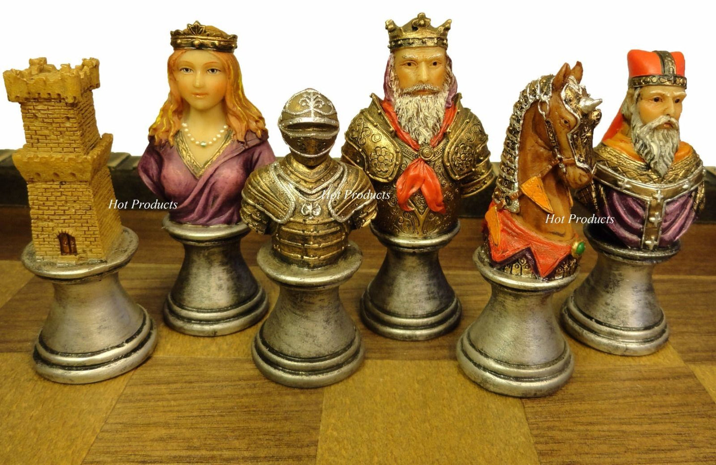 Medieval Times Crusades Busts Painted Knights Chess Set W/ Castle Board