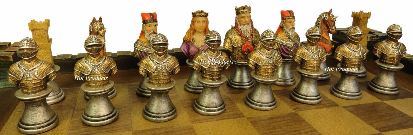 Medieval Times Crusades Busts Painted Knights Chess Set W/ Castle Board