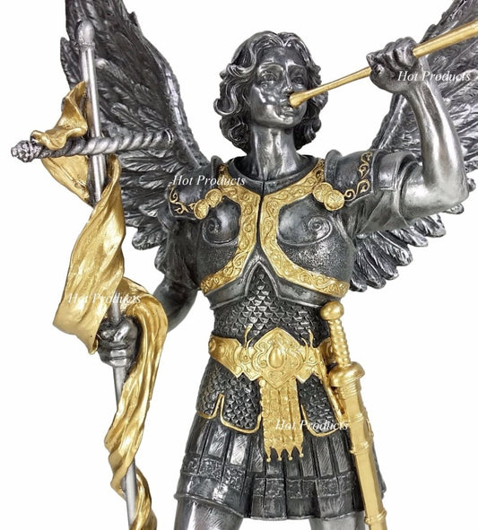 13" SAINT GABRIEL Archangel W/ Cross  Statue Pewter & Gold Finish St Angel