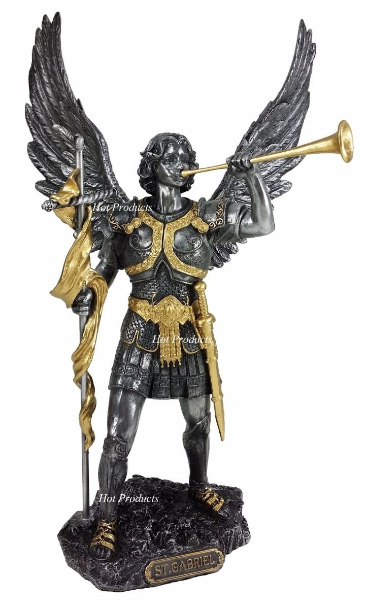 13" SAINT GABRIEL Archangel W/ Cross  Statue Pewter & Gold Finish St Angel