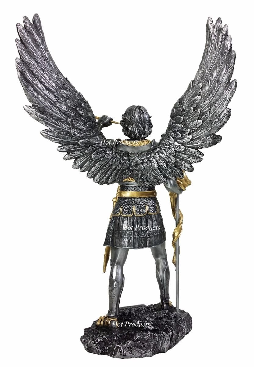 13" SAINT GABRIEL Archangel W/ Cross  Statue Pewter & Gold Finish St Angel