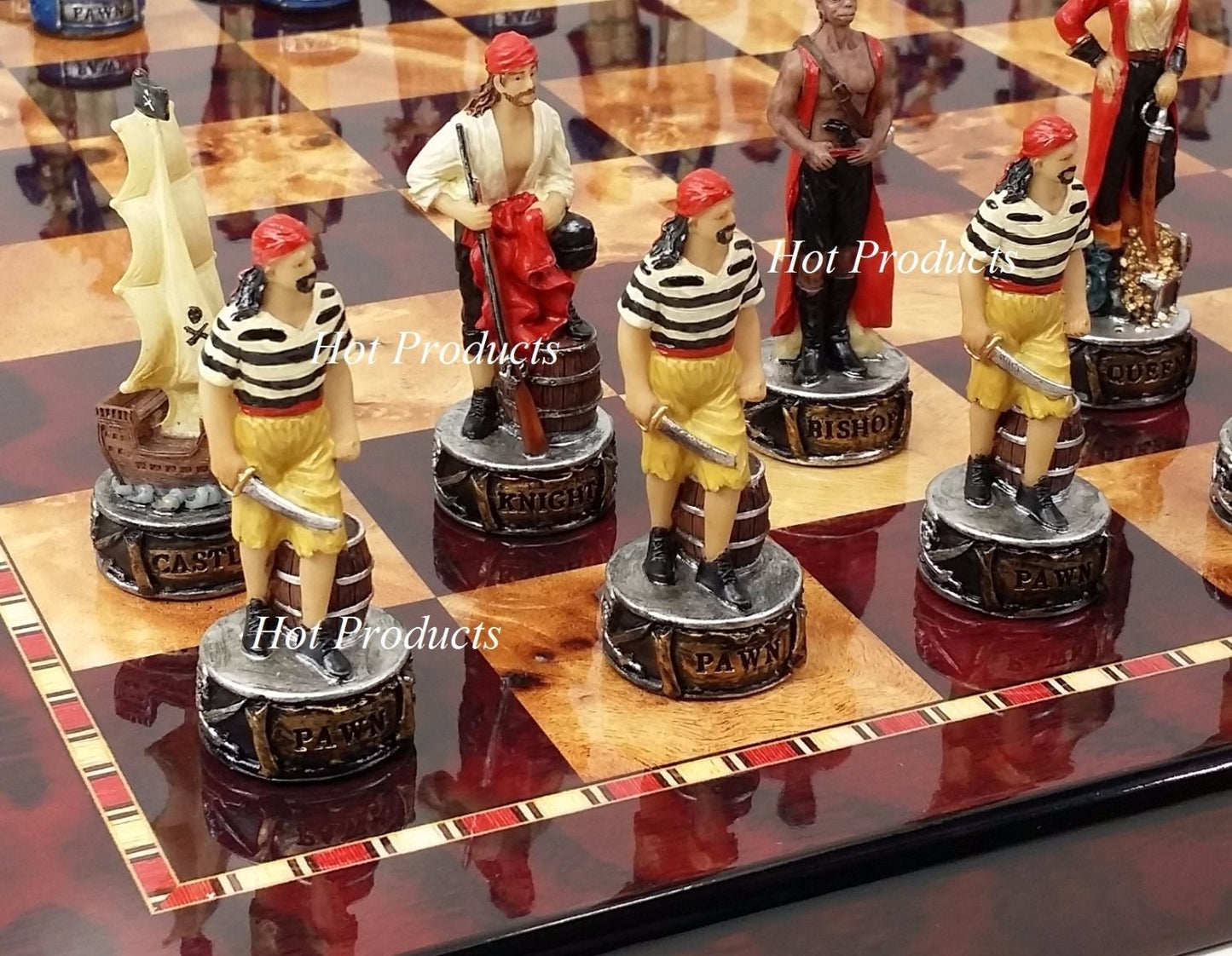 Pirates Vs Royal Navy Pirate Chess Set W 18" Cherry & Burlwood Color Board