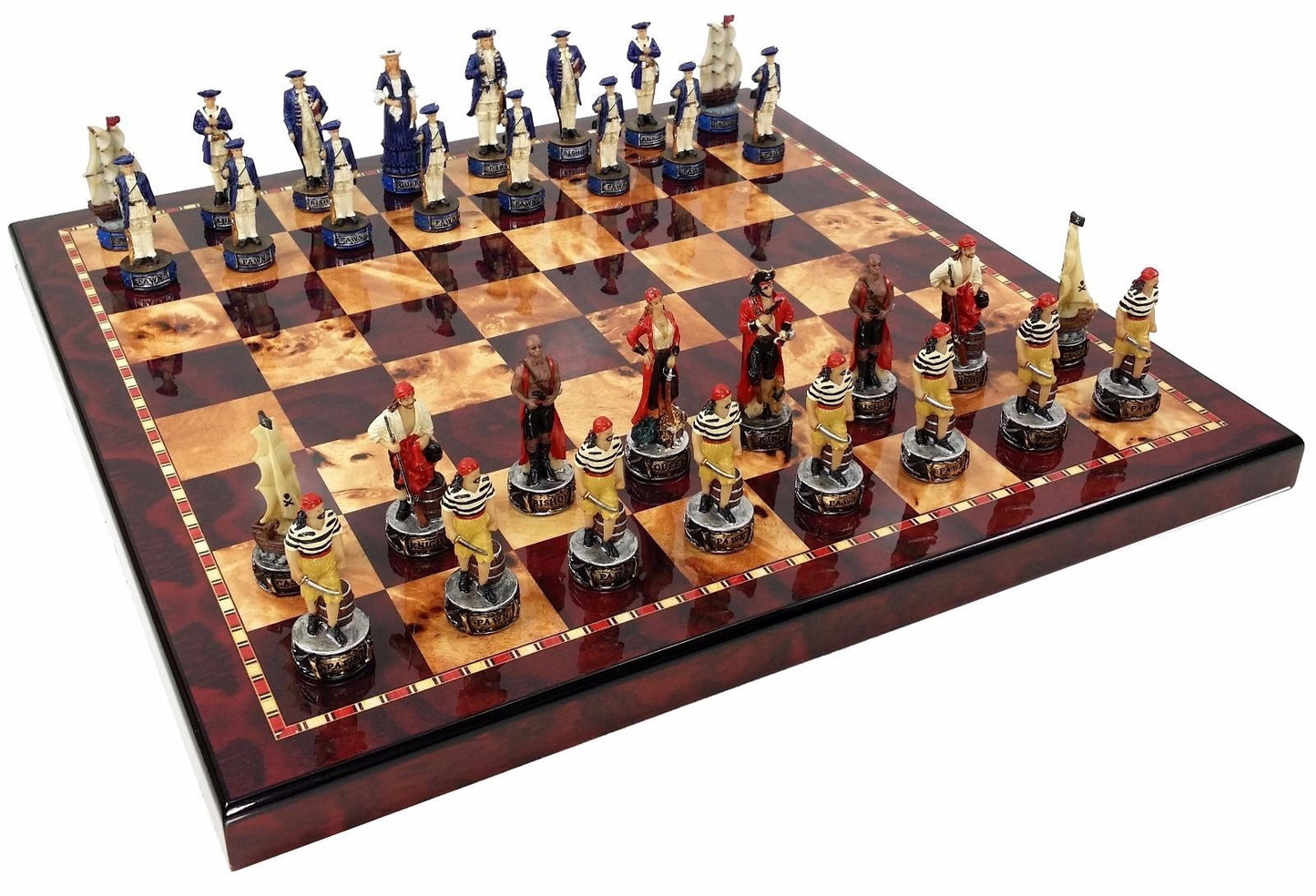 Pirates Vs Royal Navy Pirate Chess Set W 18" Cherry & Burlwood Color Board