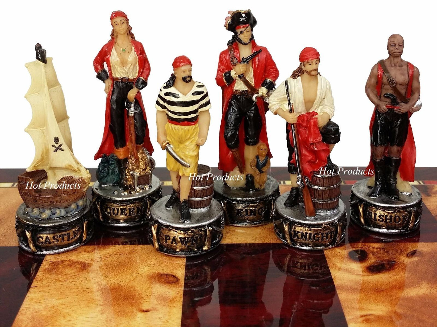 Pirates Vs Royal Navy Pirate Chess Set W 18" Cherry & Burlwood Color Board