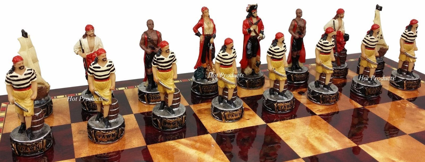 Pirates Vs Royal Navy Pirate Chess Set W 18" Cherry & Burlwood Color Board