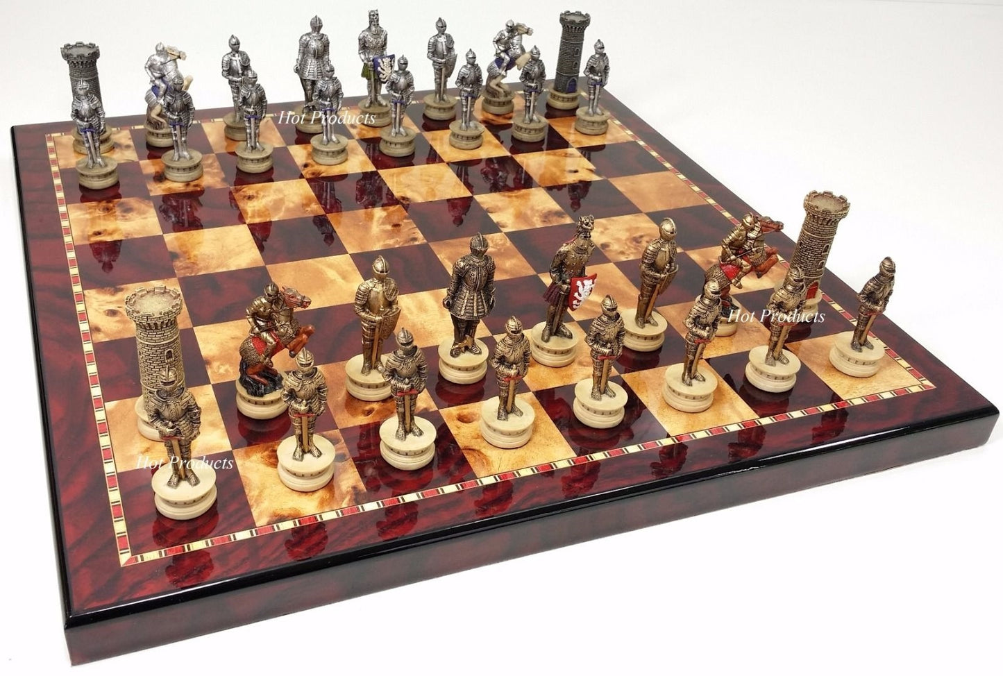 Medieval Times Crusades Gold Silver Armored Knight Chess Set Cherry Color Board
