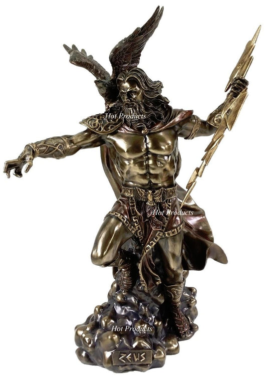 LARGE 20" Zeus God of Thunder Lightning Bolt Greek Mythology Statue Bronze Color