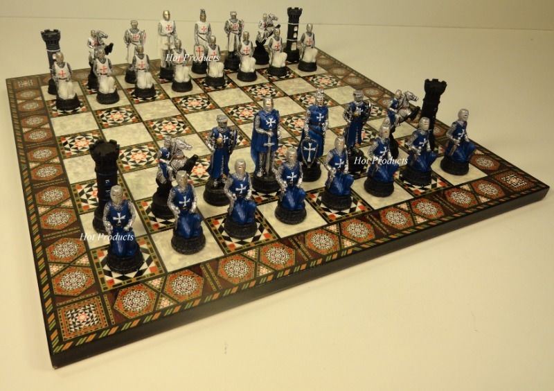 Medieval Times Crusades Blue White Maltese Knight Chess Set 17" Mosaic Color BD