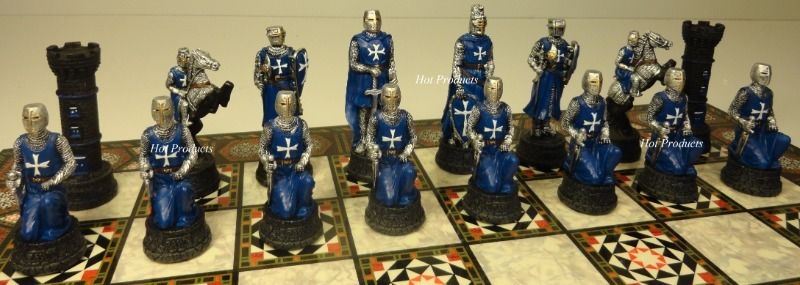 Medieval Times Crusades Blue White Maltese Knight Chess Set 17" Mosaic Color BD