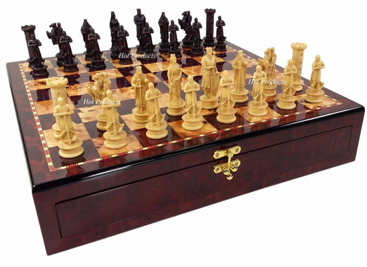 Medieval Times Crusade King Richard Chess Set Antique Cherry Color Storage Board