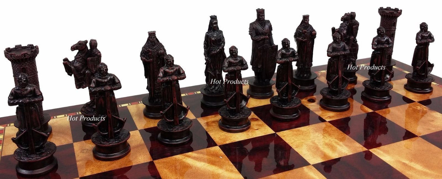 Medieval Times Crusade King Richard Chess Set Antique Cherry Color Storage Board