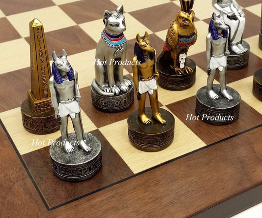 Egyptian Anubis Gold & Silver Chess Men Set W/ Color Accents 17" Walnut Board