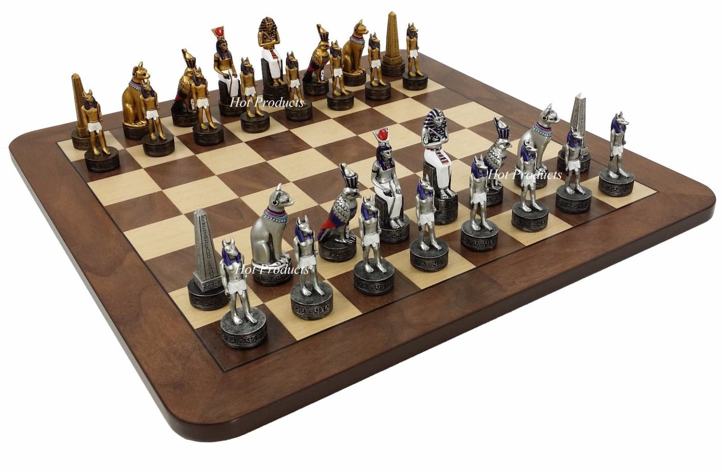 Egyptian Anubis Gold & Silver Chess Men Set W/ Color Accents 17" Walnut Board