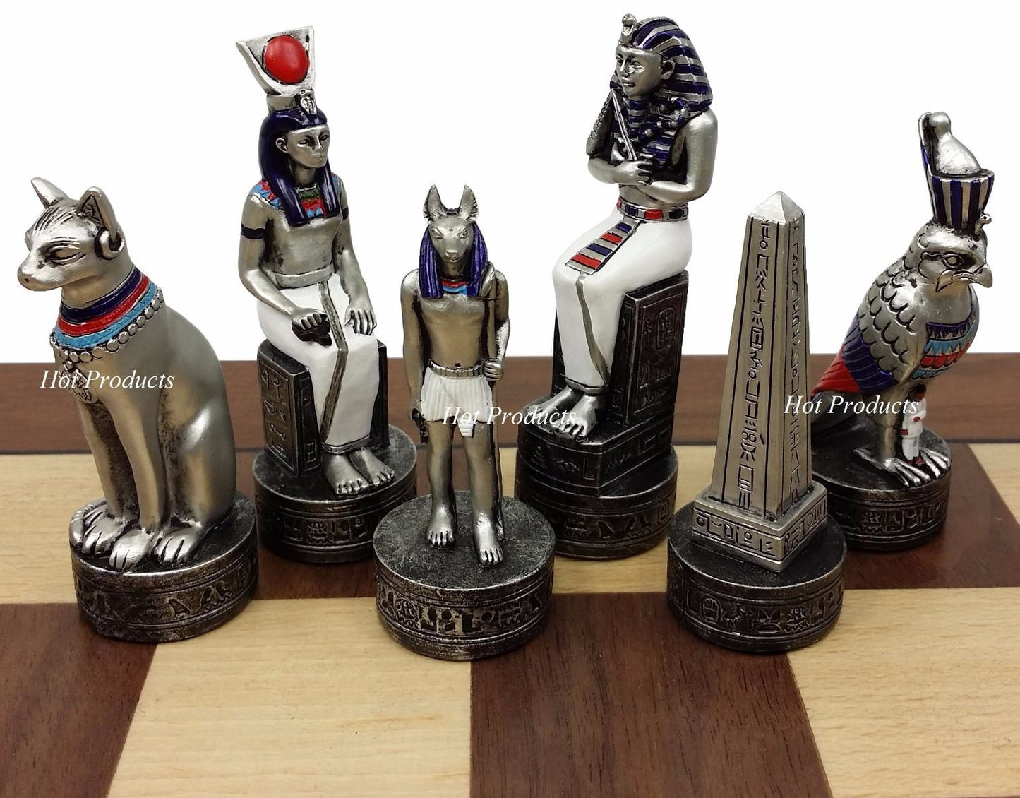 Egyptian Anubis Gold & Silver Chess Men Set W/ Color Accents 17" Walnut Board