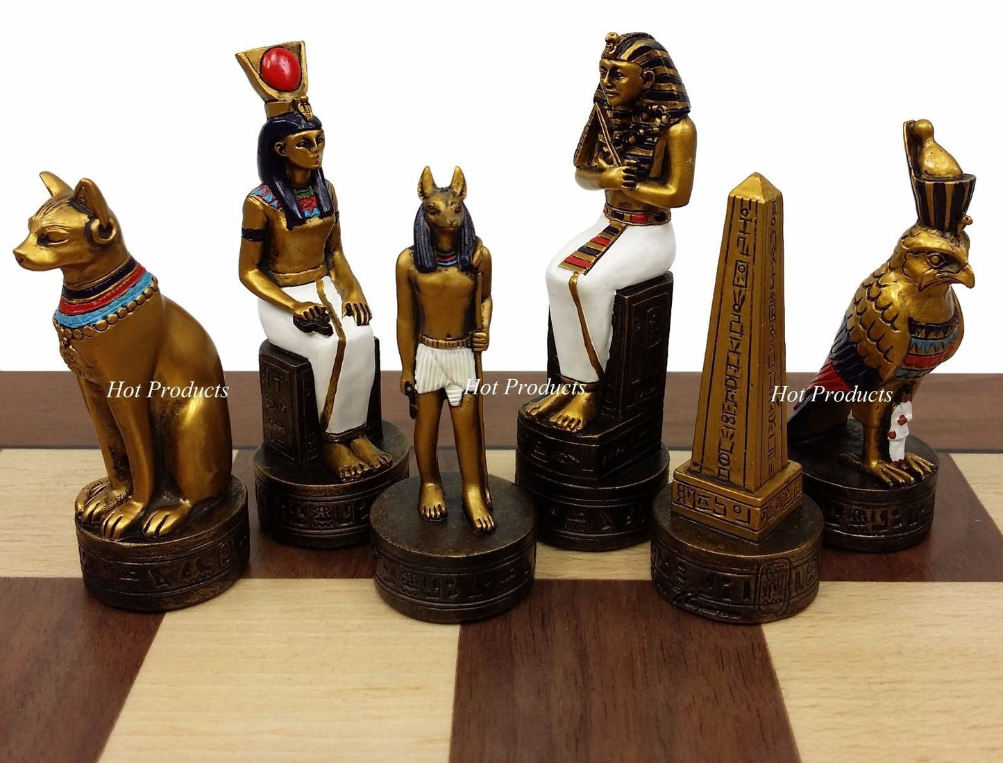 Egyptian Anubis Gold & Silver Chess Men Set W/ Color Accents 17" Walnut Board