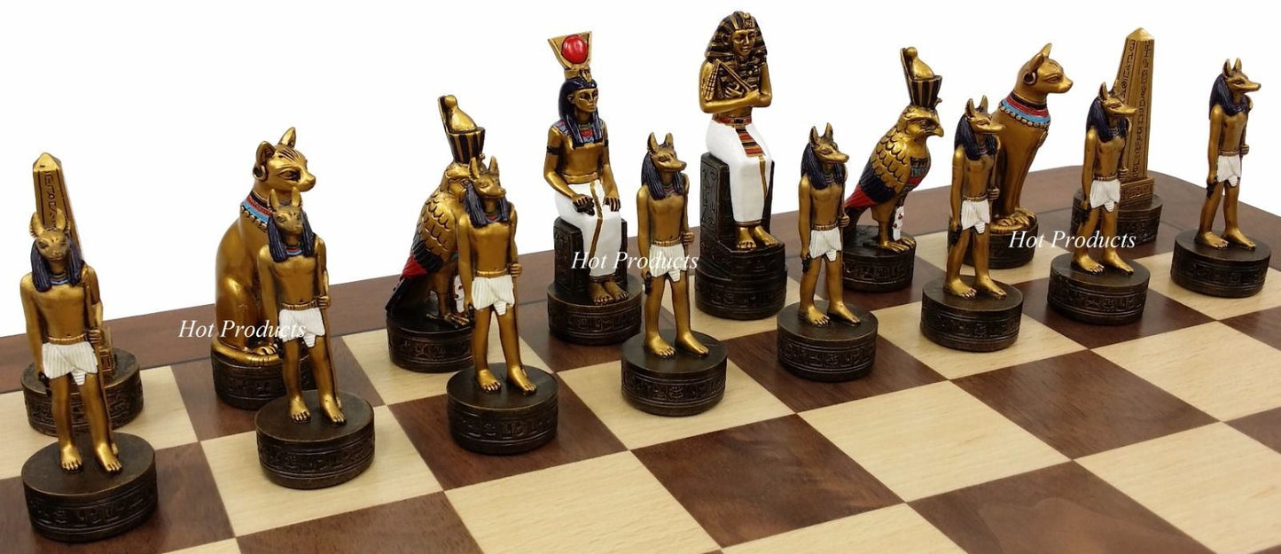 Egyptian Anubis Gold & Silver Chess Men Set W/ Color Accents 17" Walnut Board