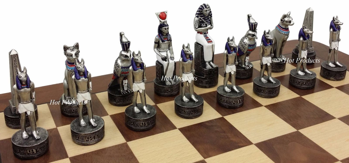 Egyptian Anubis Gold & Silver Chess Men Set W/ Color Accents 17" Walnut Board