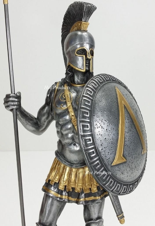 14" Spartan Greek Warrior Statue w/ Hoplite Shield & Spear Pewter Color