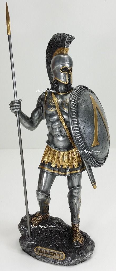 14" Spartan Greek Warrior Statue w/ Hoplite Shield & Spear Pewter Color