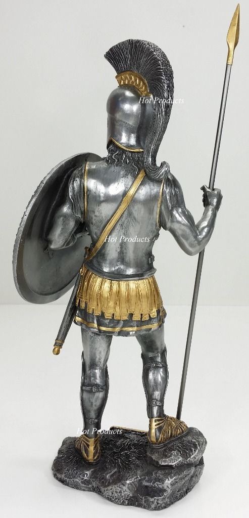 14" Spartan Greek Warrior Statue w/ Hoplite Shield & Spear Pewter Color