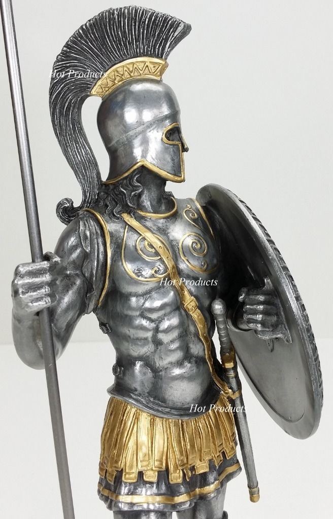 14" Spartan Greek Warrior Statue w/ Hoplite Shield & Spear Pewter Color