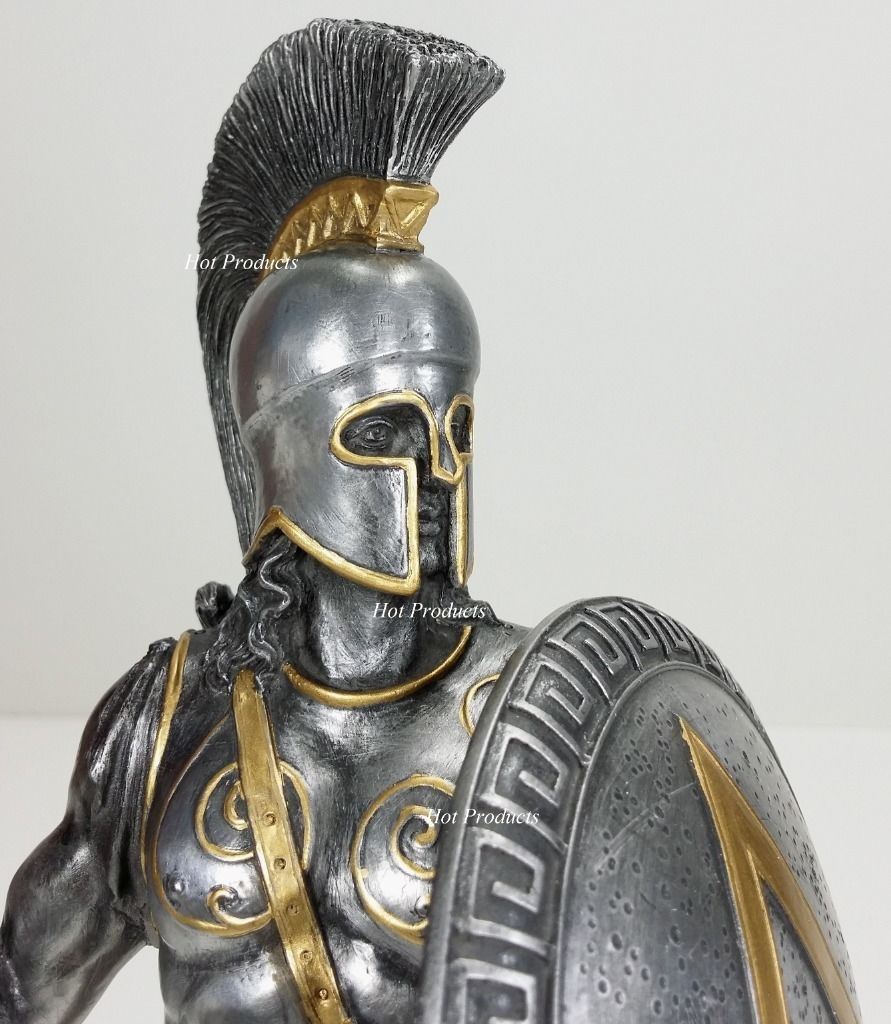 14" Spartan Greek Warrior Statue w/ Hoplite Shield & Spear Pewter Color