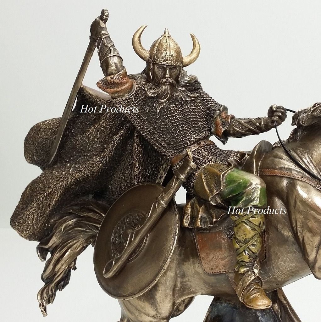 10" NEW VIKING WARRIOR Rearing on Horse Statue / Sculpture Antique Bronze Finish