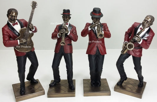 4 PC SET - JAZZ BAND COLLECTION SAXOPHONE GUITAR TRUMPET CLARINET PLAYER Statue