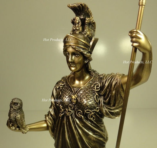 13" Athena Goddess of Wisdom W/ SPEAR OWL Greek Mythology Statue Bronze Color