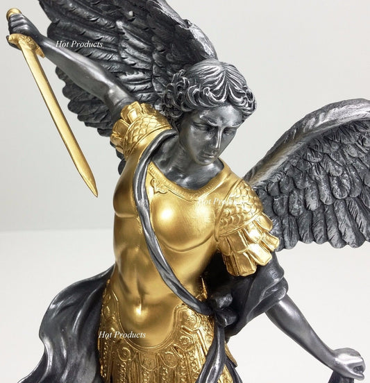 14.5" Saint Michael Archangel Tramples Demon Statue Silver & Gold Finish