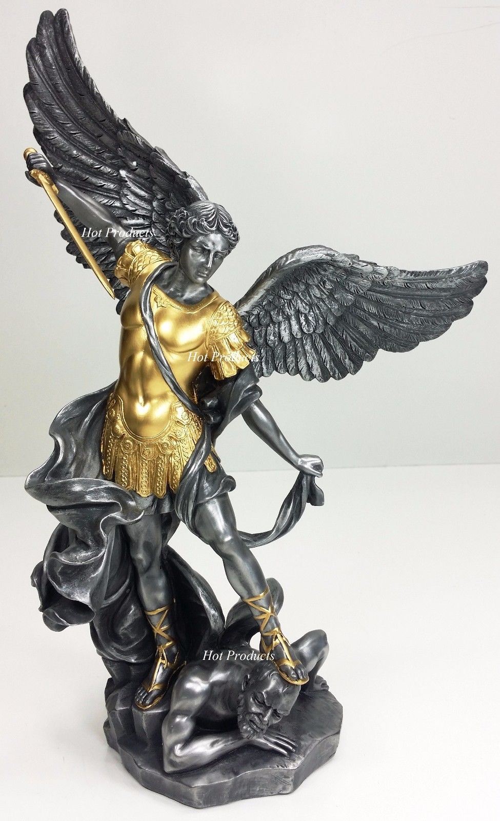 14.5" Saint Michael Archangel Tramples Demon Statue Silver & Gold Finish