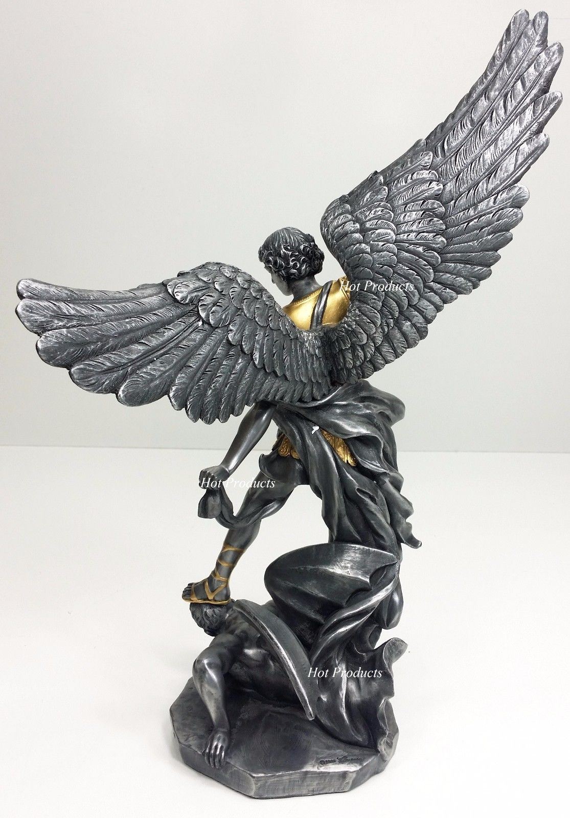 14.5" Saint Michael Archangel Tramples Demon Statue Silver & Gold Finish