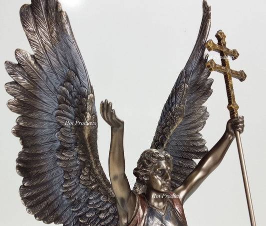 15" Saint Gabriel Archangel on World Ball w Cross Statue Sculpture Bronze Color