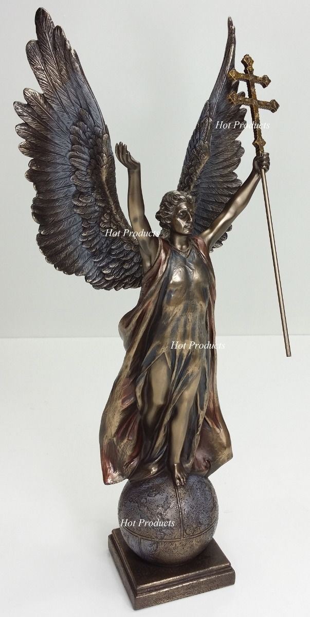 15" Saint Gabriel Archangel on World Ball w Cross Statue Sculpture Bronze Color