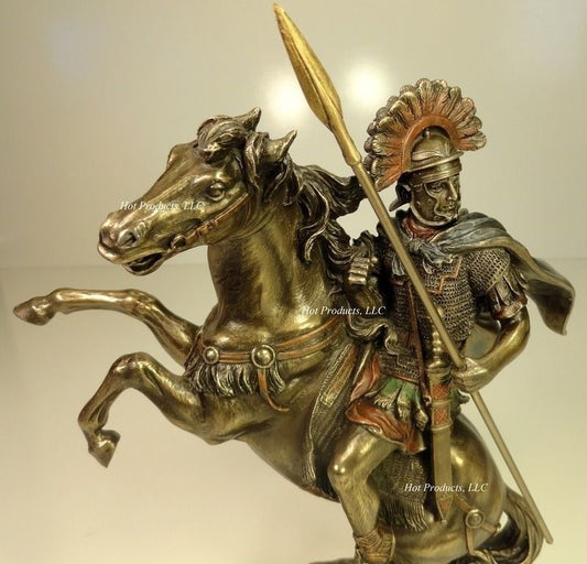 10" roman Centurion Officer Soldier on Horse W/ SPEAR Statue Bronze Finish