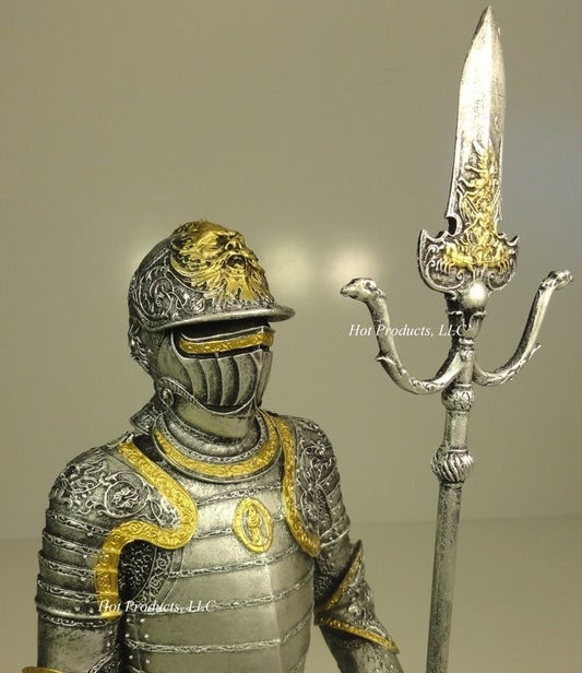 14" Medieval Times Crusades KNIGHT STATUE in ARMOR W PARTISAN GOLD SILVER FINISH