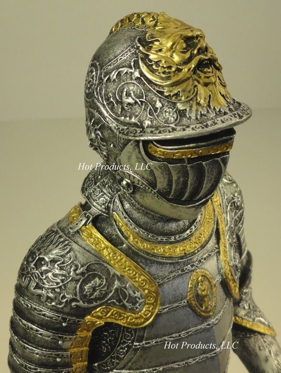 14" Medieval Times Crusades KNIGHT STATUE in ARMOR W PARTISAN GOLD SILVER FINISH