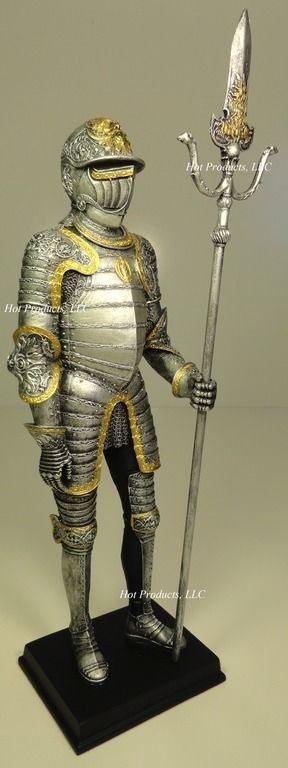 14" Medieval Times Crusades KNIGHT STATUE in ARMOR W PARTISAN GOLD SILVER FINISH