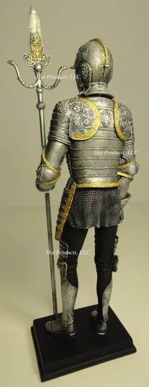 14" Medieval Times Crusades KNIGHT STATUE in ARMOR W PARTISAN GOLD SILVER FINISH