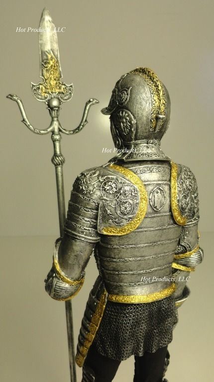 14" Medieval Times Crusades KNIGHT STATUE in ARMOR W PARTISAN GOLD SILVER FINISH