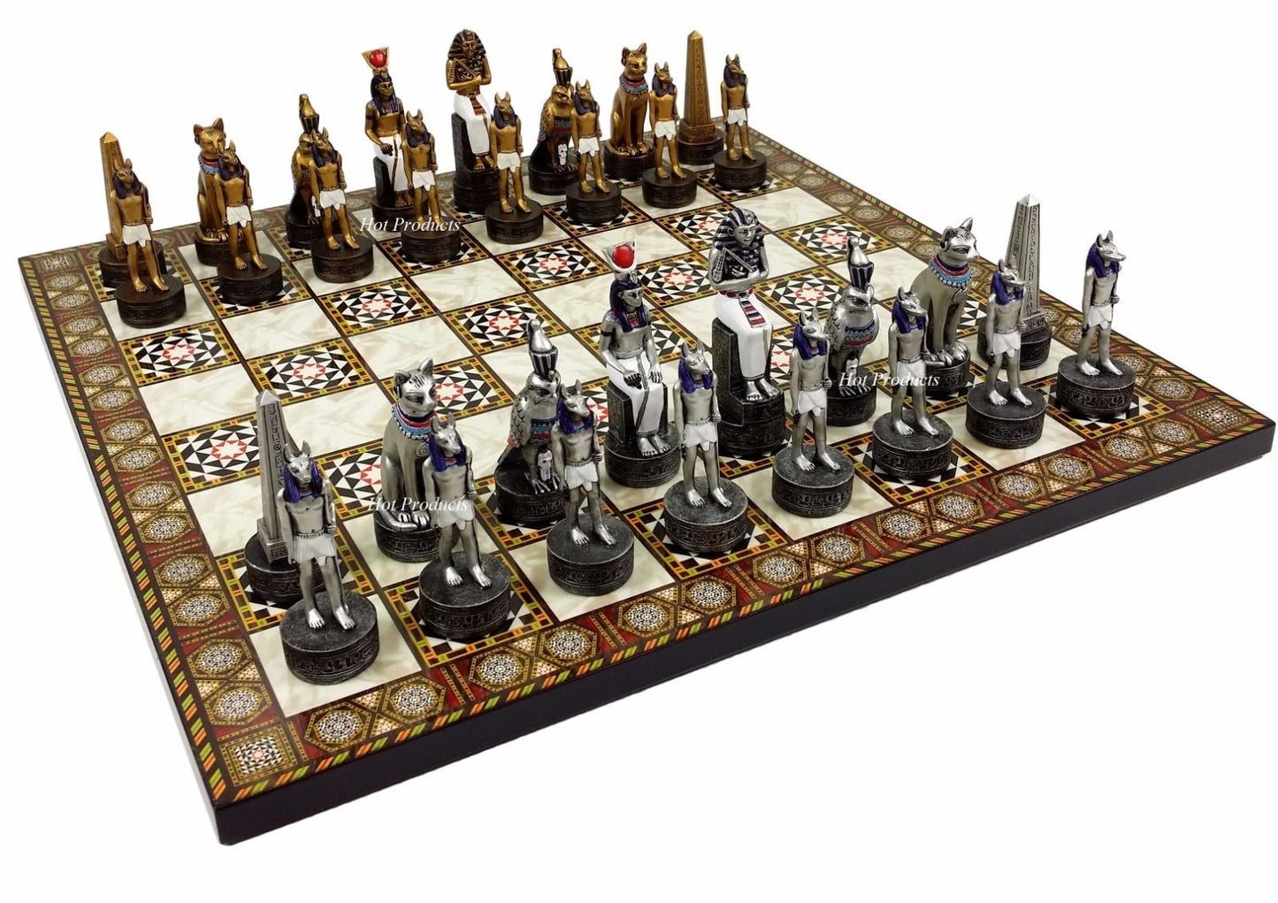Egyptian Anubis Chess Set Gold & Silver Painted Men W 14 1/2" Mosaic Color Board